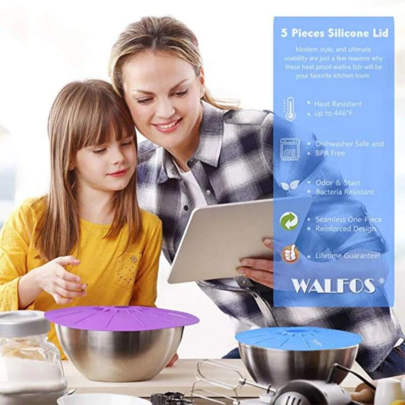 WALFOS Set of 5 Silicone Microwave Bowl Cover Cooking Pot Pan Lid Cover-Silicone Food Wrap Cooking Tools Kitchen Utensil - Lily Depot