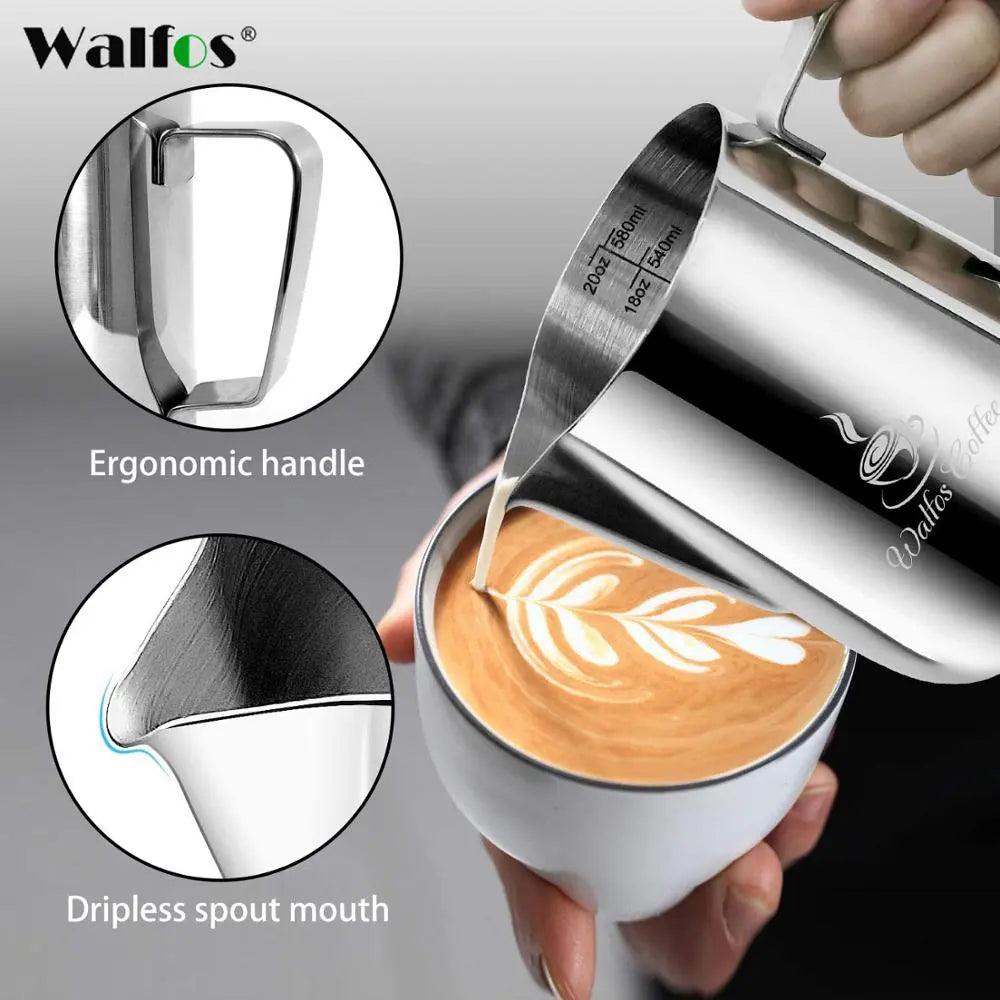 WALFOS Style Espresso Coffee Milk Mugs Cup Pots Jug Handle Craft Coffee Garland Cup Latte Jug Thickened Stainless Steel - Lily Depot