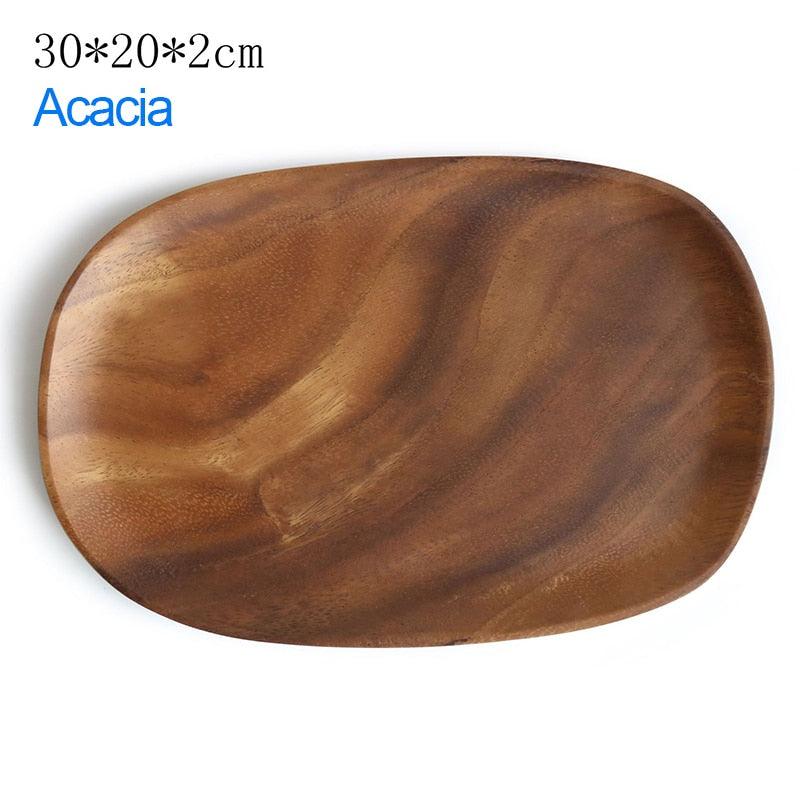 Walnut & Acacia Irregular Oval Solid Wood Dinner Plate Wooden Serving Decorative Tray, for Dishes Snack, Dim Sum, Fruit, Dessert - Lily Depot