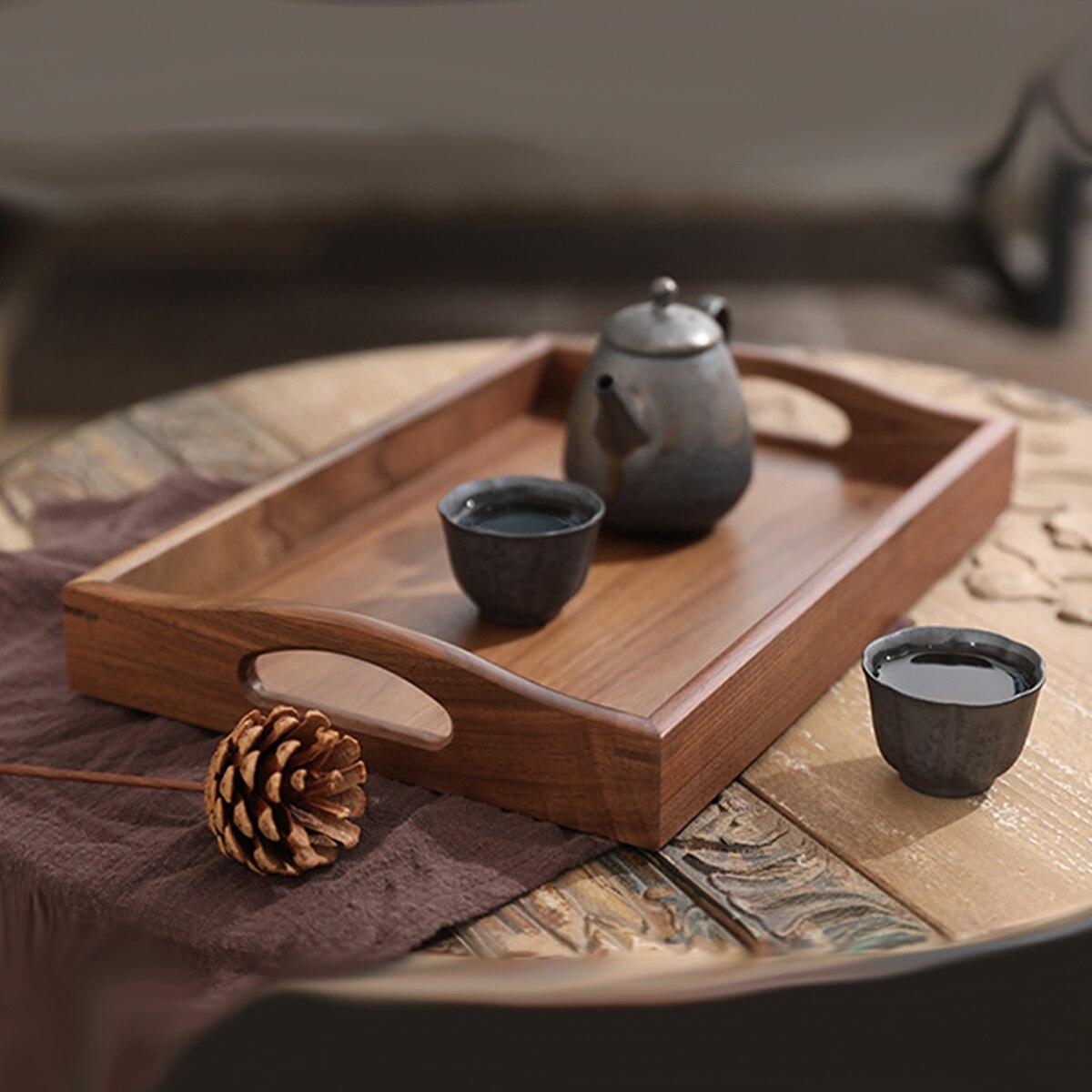 Walnut Wood Serving Tray with Handle Serve Coffee Tea Cocktails Appetizers Rectangle Breakfast Bed Wooden Tray Home Decorative - Lily Depot