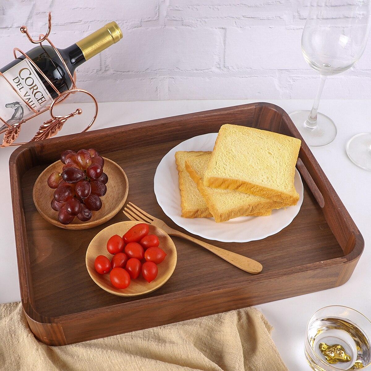Walnut Wood Serving Tray with Handle Serve Coffee Tea Cocktails Appetizers Rectangle Breakfast Bed Wooden Tray Home Decorative - Lily Depot