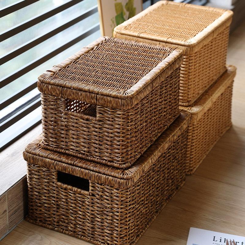 Echome Storage Box Large Bedroom Clothes Storage Box with Lid Imitation Rattan Woven with Lid Storage Basket In-Wardrobe Basket - Lily Depot