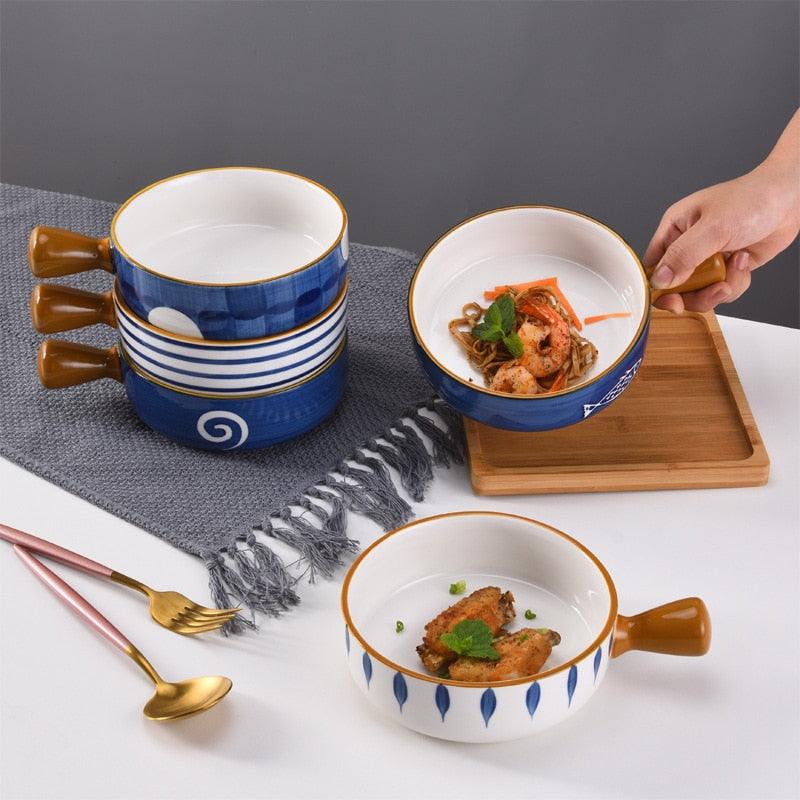 Japanese Ceramic Ramen Bowl With Handle Fruit Salad Dessert Snack Bowls Korean Kitchen Tableware Mixing Cereal Rice Bowl Sets - Lily Depot