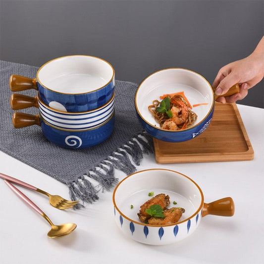 Japanese Ceramic Ramen Bowl With Handle Fruit Salad Dessert Snack Bowls Korean Kitchen Tableware Mixing Cereal Rice Bowl Sets - Lily Depot