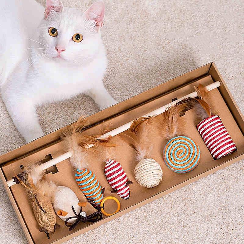 Wood Cat Toy Feather Set Interactive For Pets Fishing Rod Funny Pet Products Mouse Paw Games Cute Toys Linen Cats Stick Dropship - Lily Depot