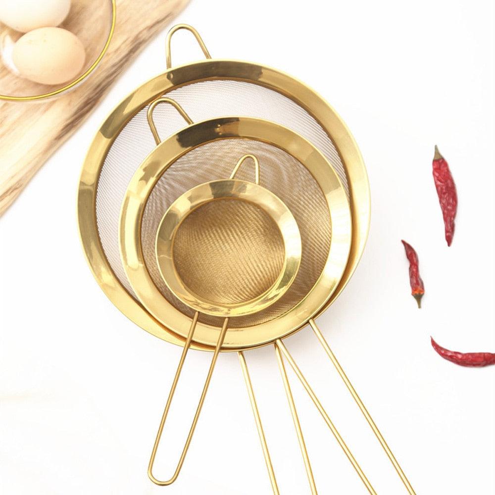 Stainless Steel Fine Mesh Oil Strainer Golden Flour Sifter Sieve Colanders Flour Coffee Mesh Filter Baking Tools Kitchen Bakware - Lily Depot
