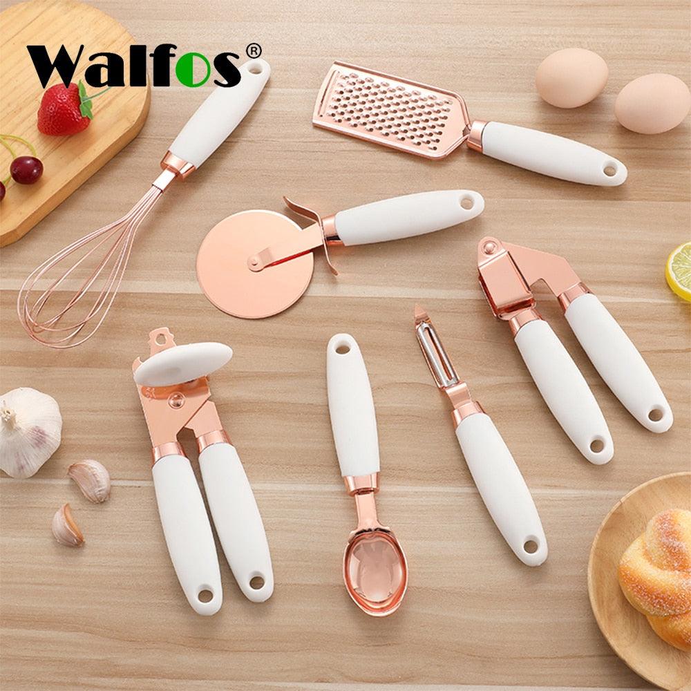 Walfos 7 Pcs Kitchen Gadget Set Copper Coated Stainless Steel Utensils with Soft Touch Rose Gold Garlic Press Pizza Cutter - Lily Depot