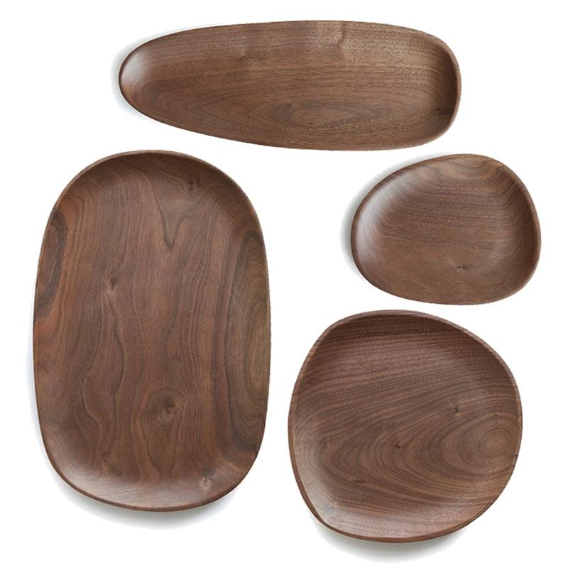 Walnut & Acacia Irregular Oval Solid Wood Dinner Plate Wooden Serving Decorative Tray, for Dishes Snack, Dim Sum, Fruit, Dessert - Lily Depot